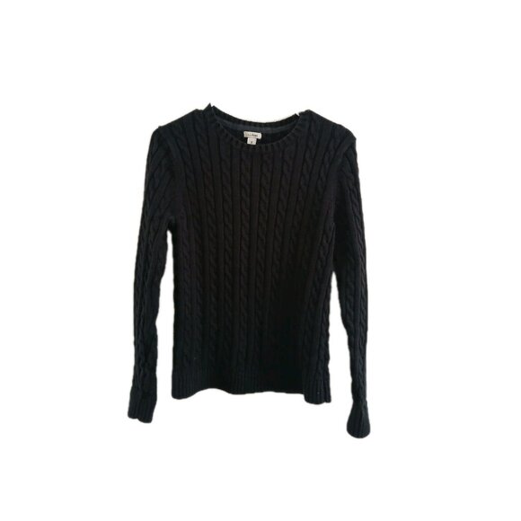 LL BEAN  Womens M Navy Blue Chunky Cable Knit Cotton Crewneck Fisherman Sweater - Picture 1 of 6